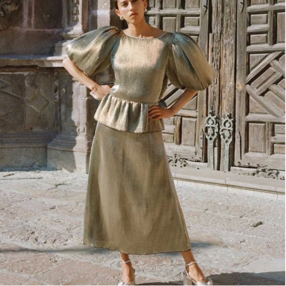 Loeffler Randall Dorit Puff Sleeve Pleated Bow Back Dress Metallic Gold 4 NWT
